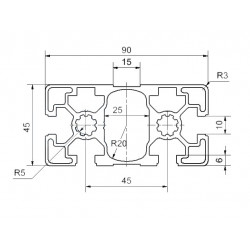 Aluprofil - 45x90 Könnyű - Egy 90-es oldalon zárt
