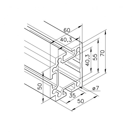 Aluprofil mk 2040.74 - 60x50 Teleszkóp profil - Egy oldalon zárt