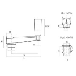 MV/130-M G130 műanyag forgatókar, d6 furat, forgó markolattal.