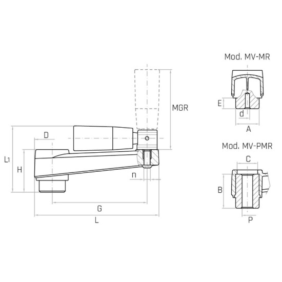 MV/160-MR G160 forgatókar, d6 furat, behajtható forgó markolattal.