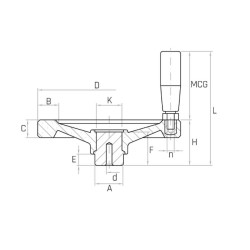 VR2AF/M D100 2-küllős kézikerék, d4 furat, forgó markolattal, Duroplast.
