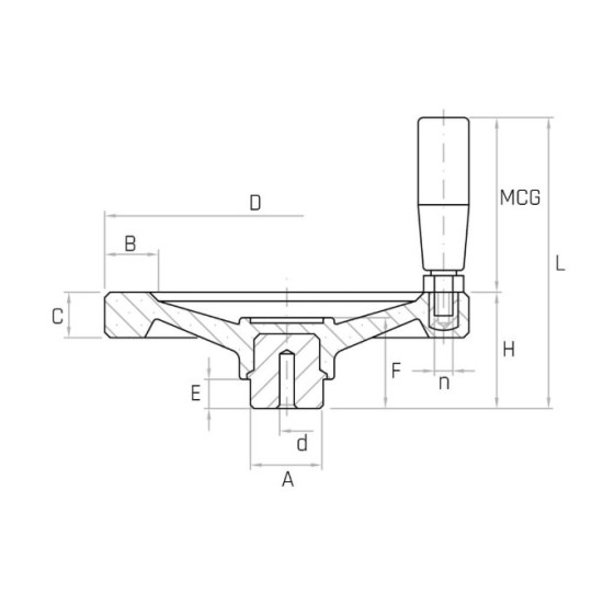 VR2F/M D250 2-küllős kézikerék, d8 furat, forgó markolattal, Duroplast.