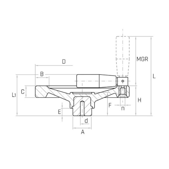 VR2F/MR D150 2-küllős kézikerék, d6 furat, behajtható markolattal, Duroplast.